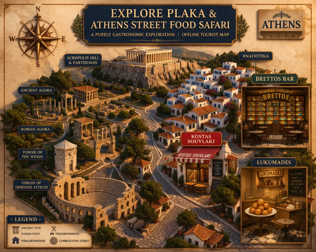 Offline map of Plaka neighborhood showing key streets and landmarks